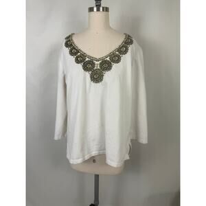 Ruby Rd Cotton Beaded Embellished Lagenlook 3/4 Sleeve Blouse Top Witchy Holiday